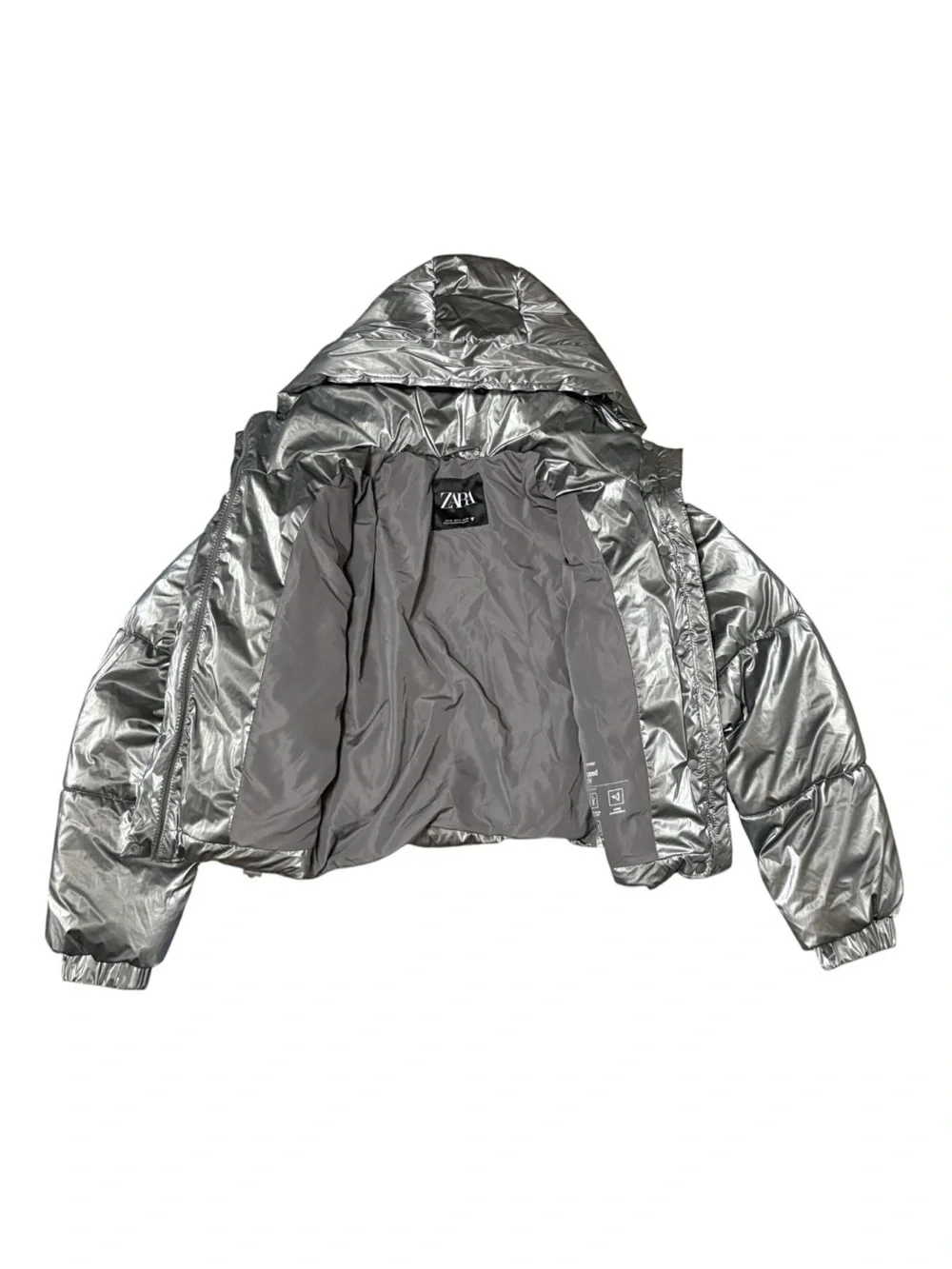 Zara Silver Metallic Hooded Puffer Coat